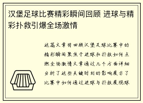 汉堡足球比赛精彩瞬间回顾 进球与精彩扑救引爆全场激情