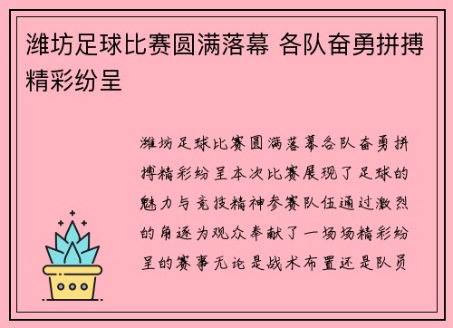 潍坊足球比赛圆满落幕 各队奋勇拼搏精彩纷呈