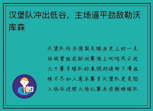 汉堡队冲出低谷，主场逼平劲敌勒沃库森