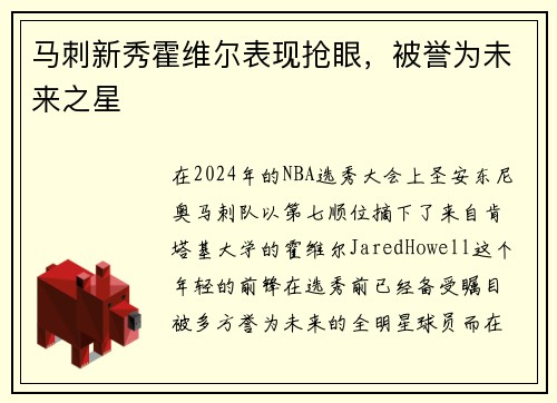 马刺新秀霍维尔表现抢眼，被誉为未来之星