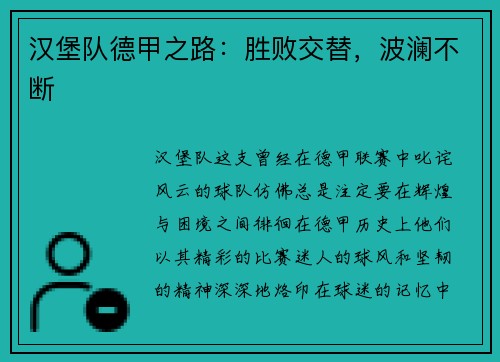汉堡队德甲之路：胜败交替，波澜不断