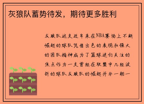 灰狼队蓄势待发，期待更多胜利