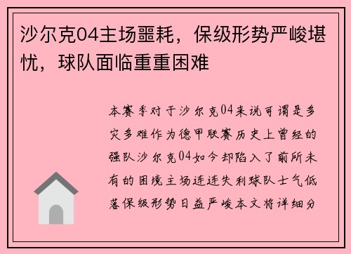 沙尔克04主场噩耗，保级形势严峻堪忧，球队面临重重困难
