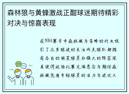 森林狼与黄蜂激战正酣球迷期待精彩对决与惊喜表现