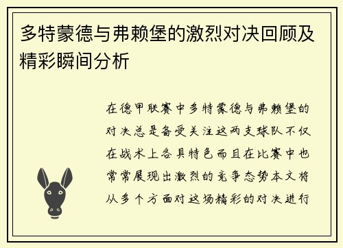 多特蒙德与弗赖堡的激烈对决回顾及精彩瞬间分析