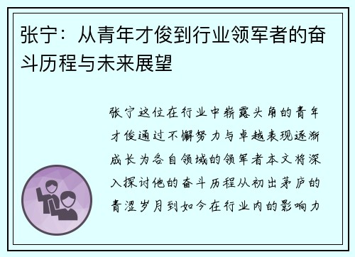 张宁：从青年才俊到行业领军者的奋斗历程与未来展望