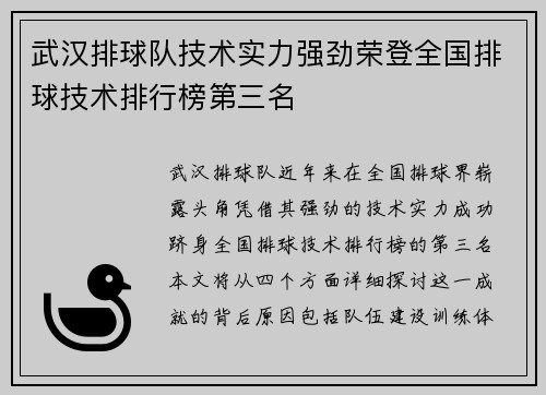武汉排球队技术实力强劲荣登全国排球技术排行榜第三名
